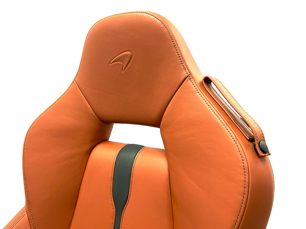 GENUINE MCLAREN 570S ELECTRIC COMFORT SEATS IN TAN LEATHER WITH BLACK STRIPE