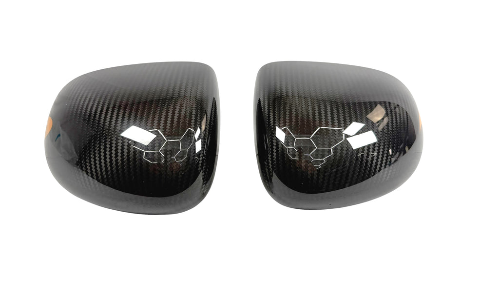 MCLAREN MSO GLOSS CARBON FIBRE MIRROR CAPS WITH LOGO 14AD019CP / 14AD020CP
