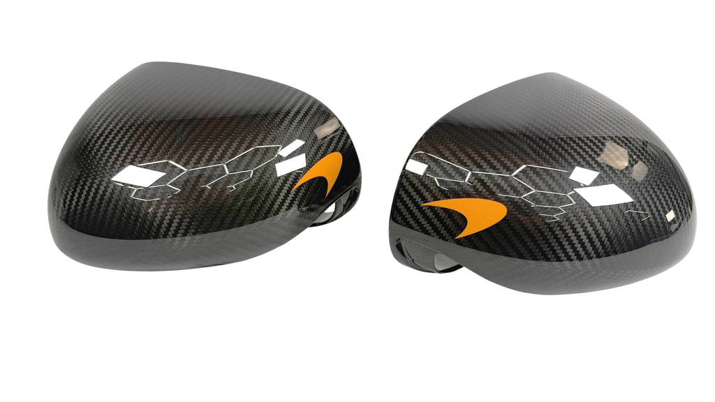 MCLAREN MSO GLOSS CARBON FIBRE MIRROR CAPS WITH LOGO 14AD019CP / 14AD020CP