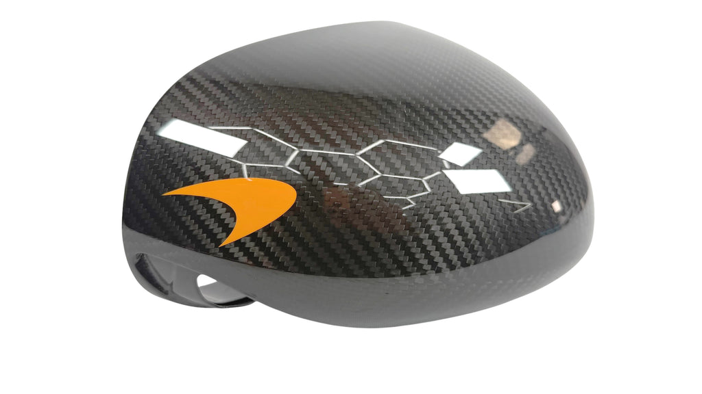 MCLAREN MSO GLOSS CARBON FIBRE MIRROR CAPS WITH LOGO 14AD019CP / 14AD020CP