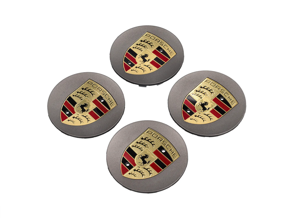 PORSCHE WHEEL CAPS PLATINUM SILK WITH CREST 76MM 7L5601149 (SET OF 4)