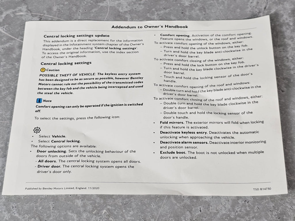 BENTLEY ADDENDUM TO OHB ENG GB TSD814730