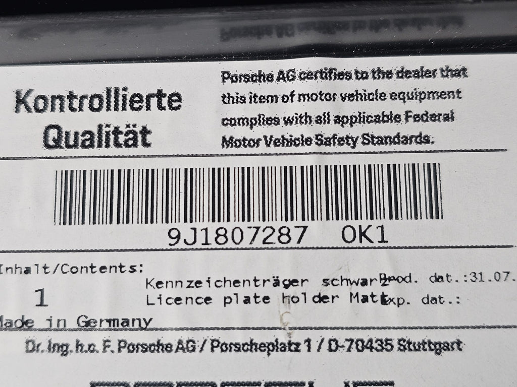 PORSCHE LICENSE PLATE BRACKET MATT BLACK  9J1807287 0K1