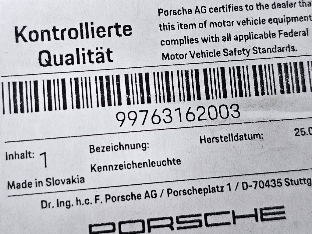 PORSCHE 997 / BOXSTER 987/ CAYMAN LICENCE PLATE LIGHT 99763162003